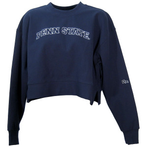 women's navy crew sweatshirt with stitched Penn State across chest